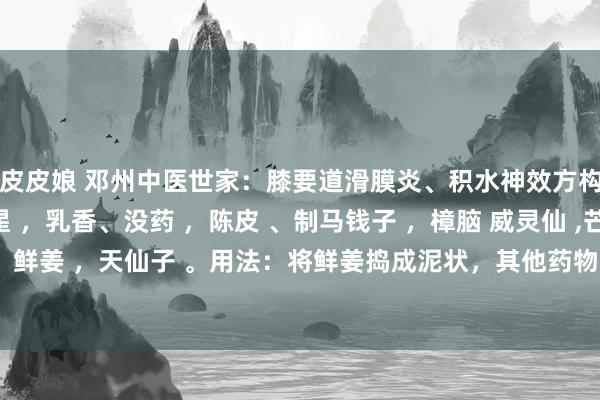 皮皮娘 邓州中医世家：膝要道滑膜炎、积水神效方构成：怀牛膝 ，天南星 ，乳香、没药 ，陈皮 、制马钱子 ，樟脑 威灵仙 ,芒硝 ，鲜姜 ，天仙子 。用法：将鲜姜捣成泥状，其他药物共研末，和姜泥整个调均，...